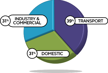 Pie chart showing industry, transport and domestic emissions