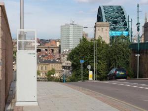 Bottle Bank in Gateshead with an air quality monitor on the left