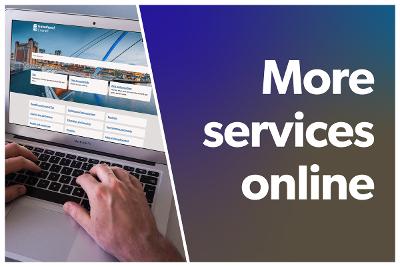 More services online Laptop showing the Gateshead Council homepage with the words: More Services Online