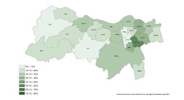 A map showing the percentage of council tenants in each ward of Gateshead in 2021