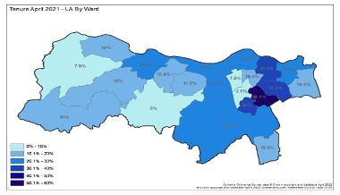 A map showing the percentage of council tenants in each ward of Gateshead in 2021