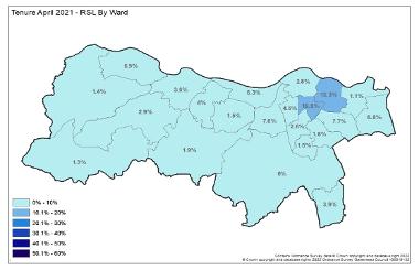 a map showing registered council properties by ward in 2021