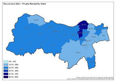 a map showing private rented properties by ward in 2021