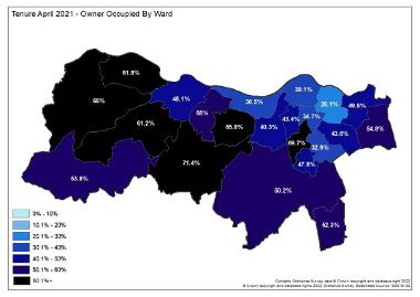 a map showing owner occupiers by ward in 2021